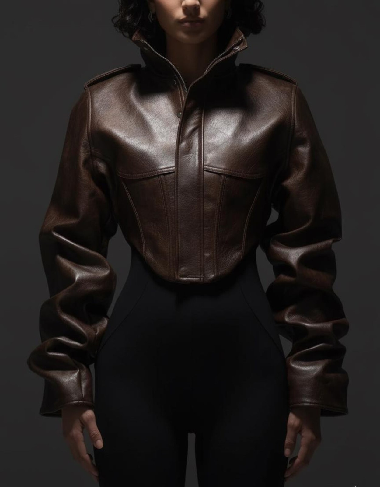 High Collar Women’s Cropped Cow Leather Jacket – Brown