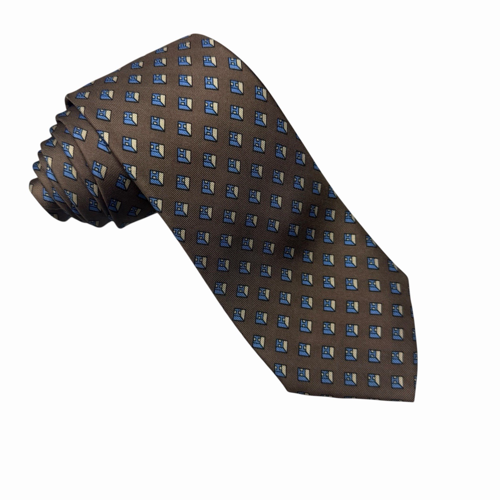 Hermes Men’s Vtg Tie Geometric “H” Logo Brown/Blue Silk 914 HA 3.25″ x 56.5″ euc