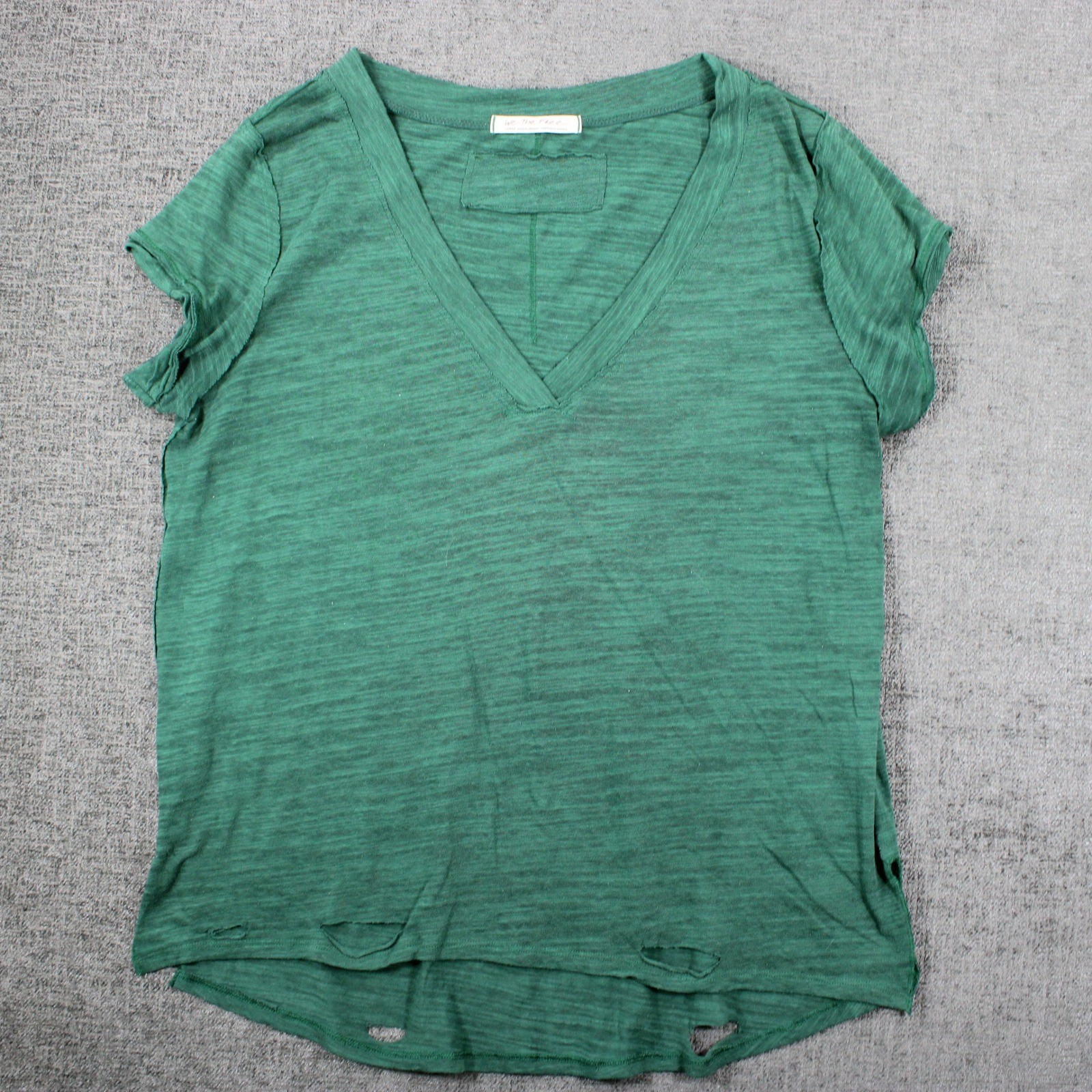 We The Free Free People Green Distressed V-Neck Slub Knit Tee Womens Large