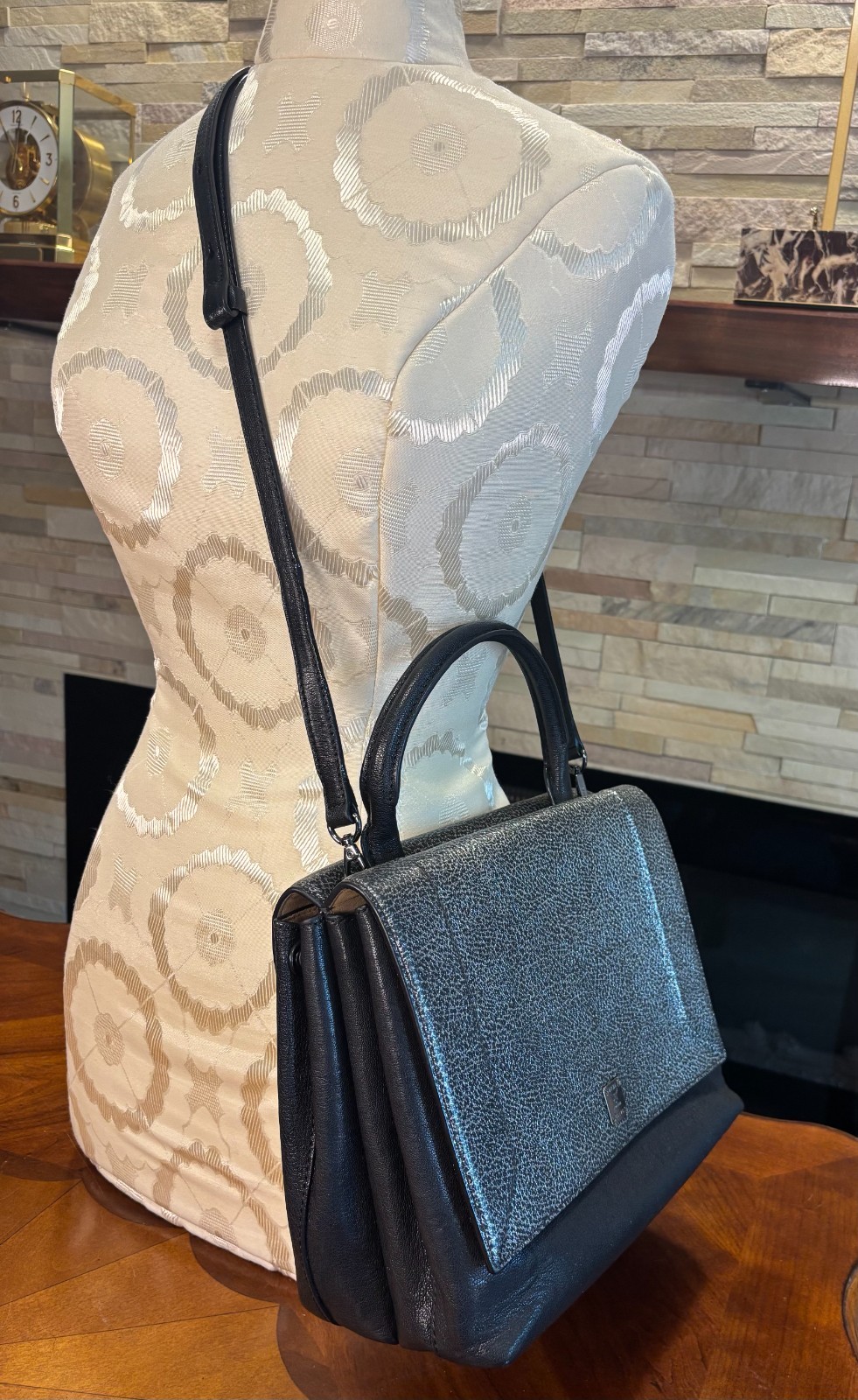 Authentic MCM Bicolor Medium Double Flap Top Handle Shoulder Bag Silver Black