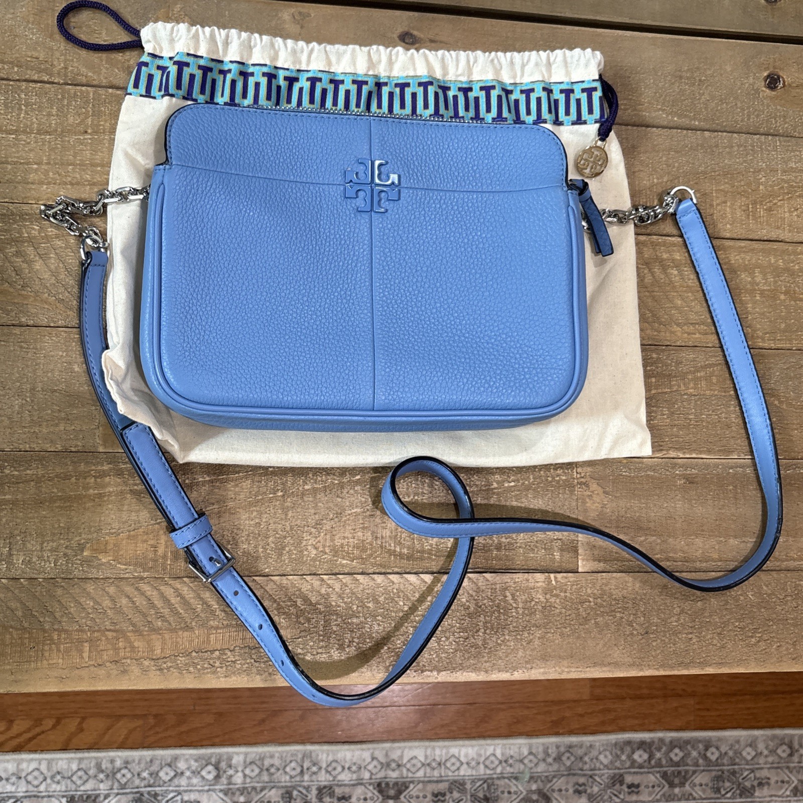 Tory Burch Light Blue Pebbled Leather Crossbody Tassel Logo