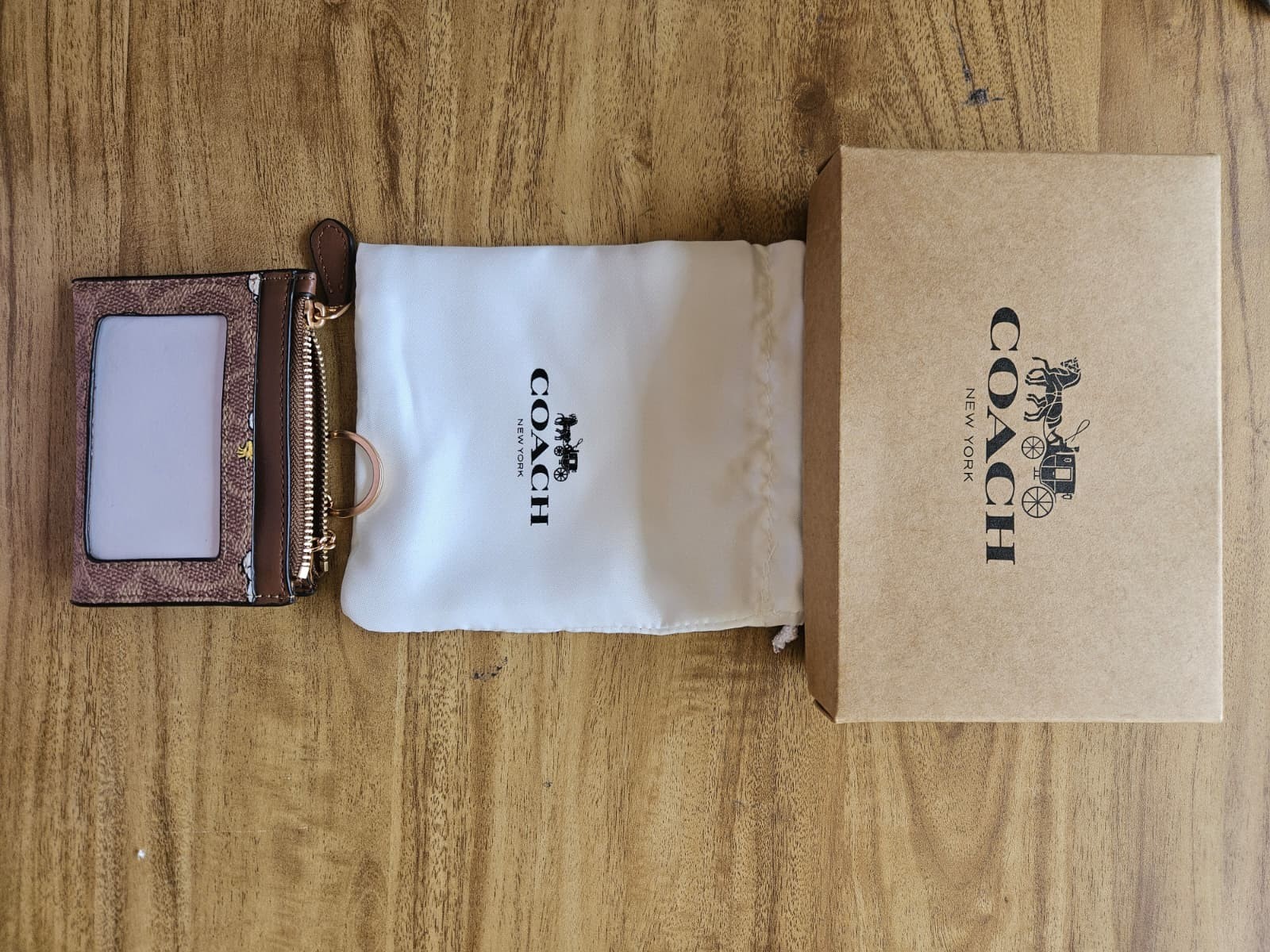 Coach Peanuts Snoopy Mini Skinny ID Case Keychain Wallet Signature Canvas NWT