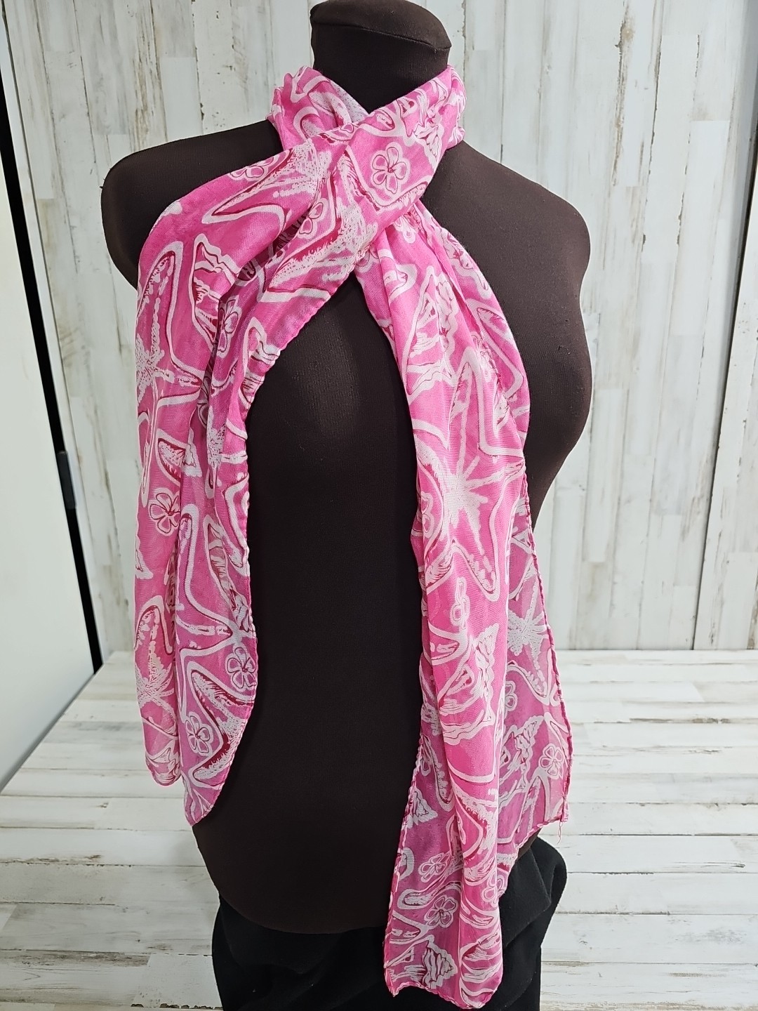 Starfish Floral Seashell Semi-Sheer Scarf Pink 64 Inches Long Shaw