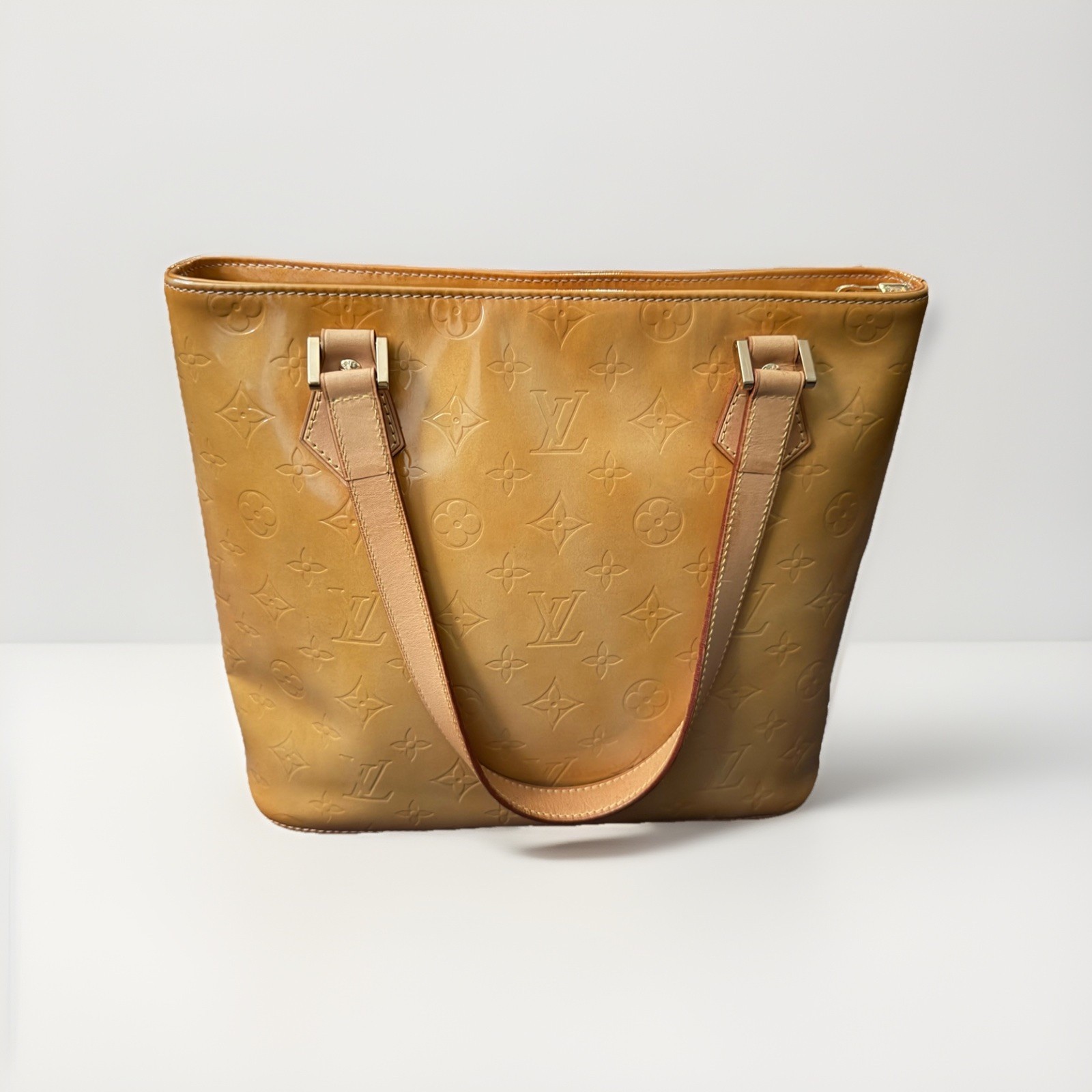 Louis Vuitton Tan Embossed Logo Monogram Zip Tote Gold Hardware Shoulder Strap