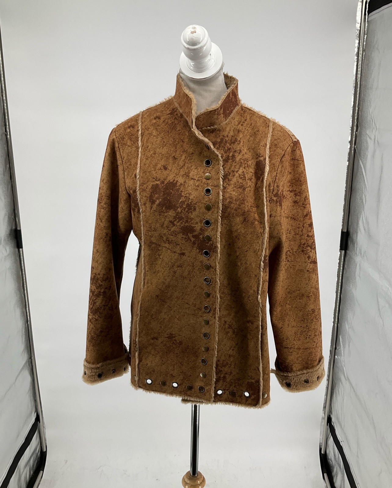 Flashback Couture Brown Faux Suede Faux Fur-Lined Snap Grommet Detail Jacket M