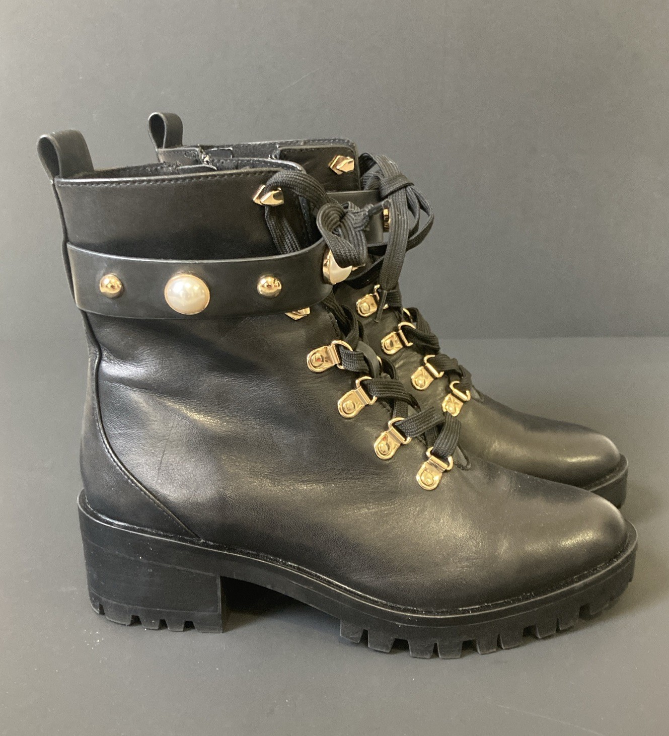 Karl Langerfeld Paris Combat Boot Black Pearl studded Lug Sole Size 7.5
