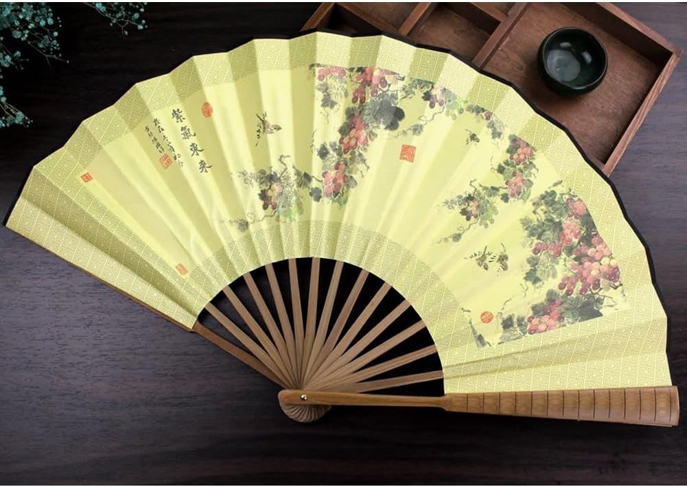 Folding Hand Fan,13 inch Bamboo Fabric Large Hand Fans with Chinese Tradition…