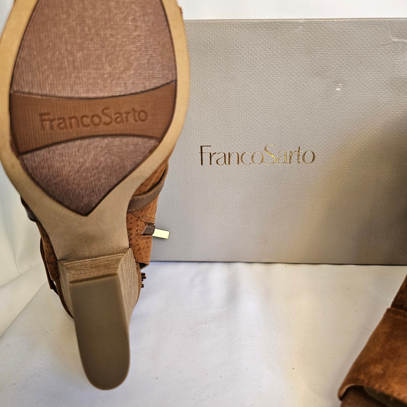 NIB 7 Peep-Toe Cognac Suede Block Ankle Boots Franco Sarto