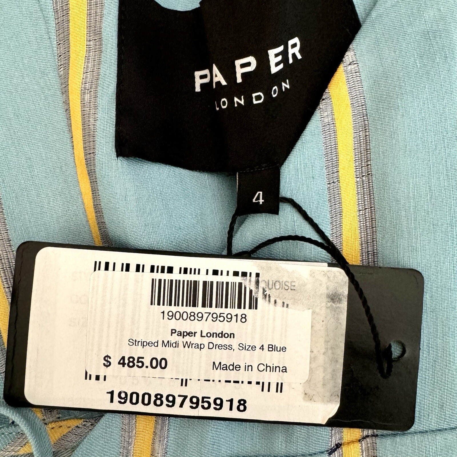PAPER LONDON NWT Peonie Ruffled Striped Linen Rayon Midi Wrap Dress Blue Size 4