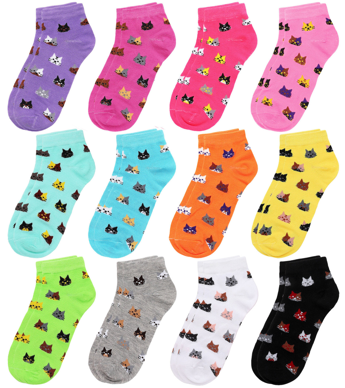 12 Pairs Assorted Color Cat Pattern Women Athletic Sport Ankle Socks 9-11