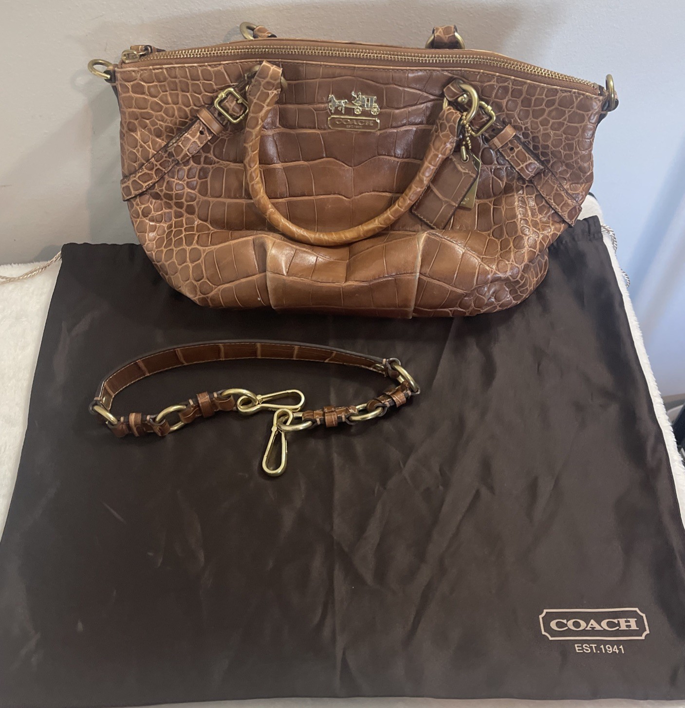 COACH Madison Sophia Embossed Exotic Croc Leather Satchel Bag Toffee 15924