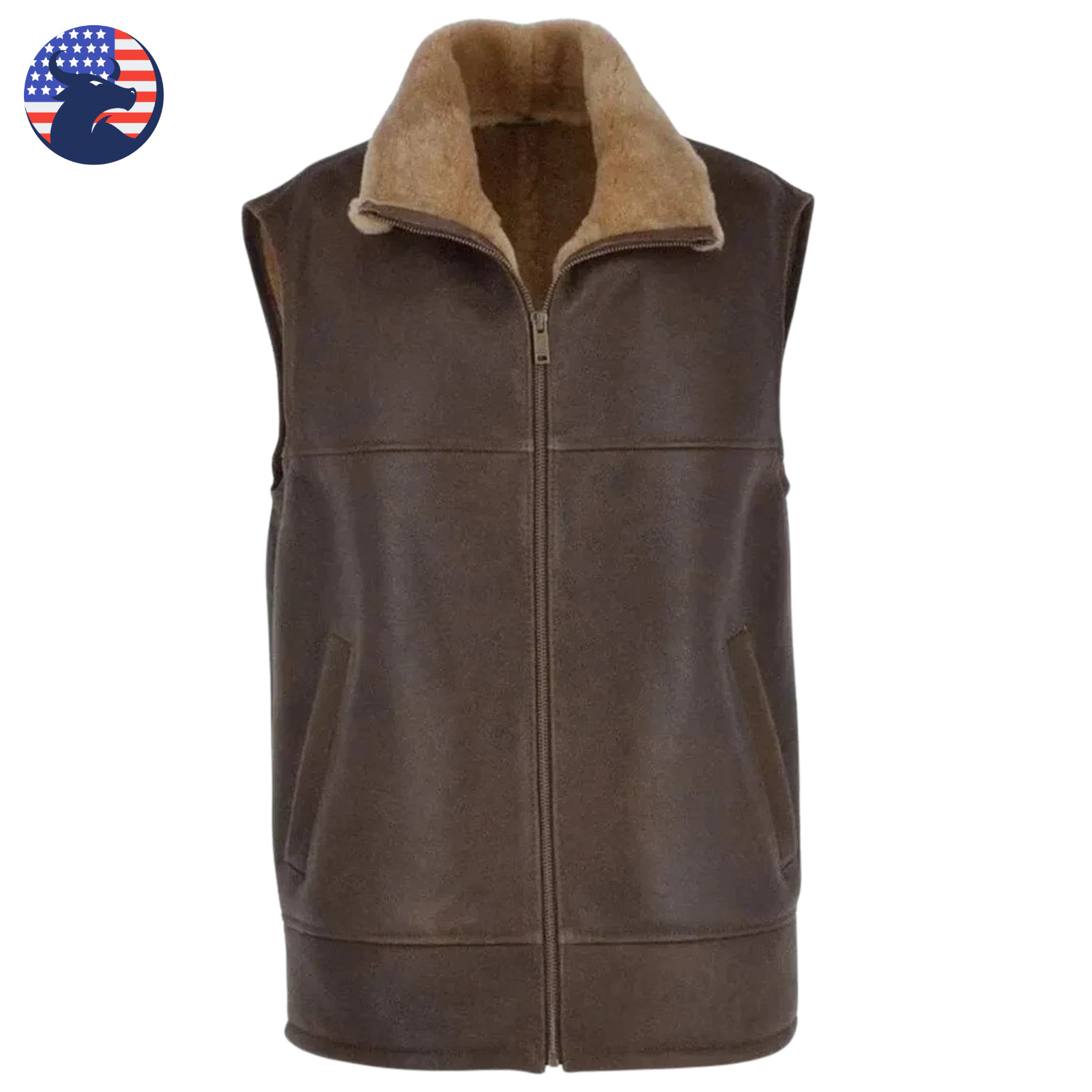 Men’s Bomber Aviator B3 Brown Fur Shearling Sheepskin Leather Vest Genuine