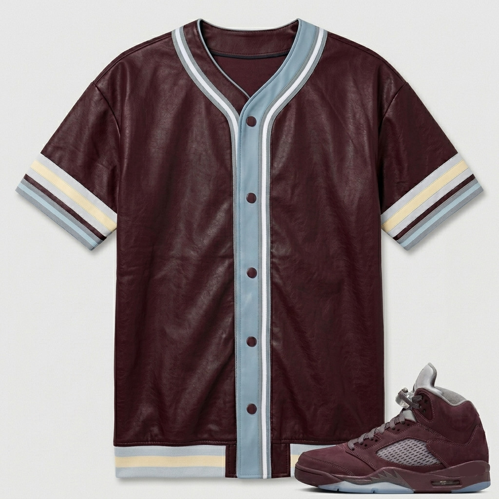 Leather Jersey Baseball Shirt To Matching Burgundy 5s Sneaker Maroon Retro Style