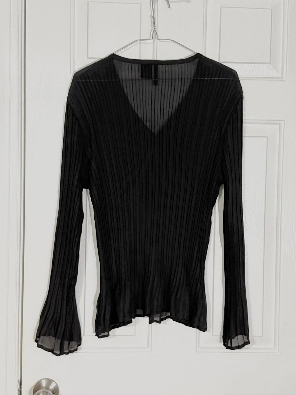 Black Sheer Ruffle Tie-Neck Long Sleeve Blouse Large