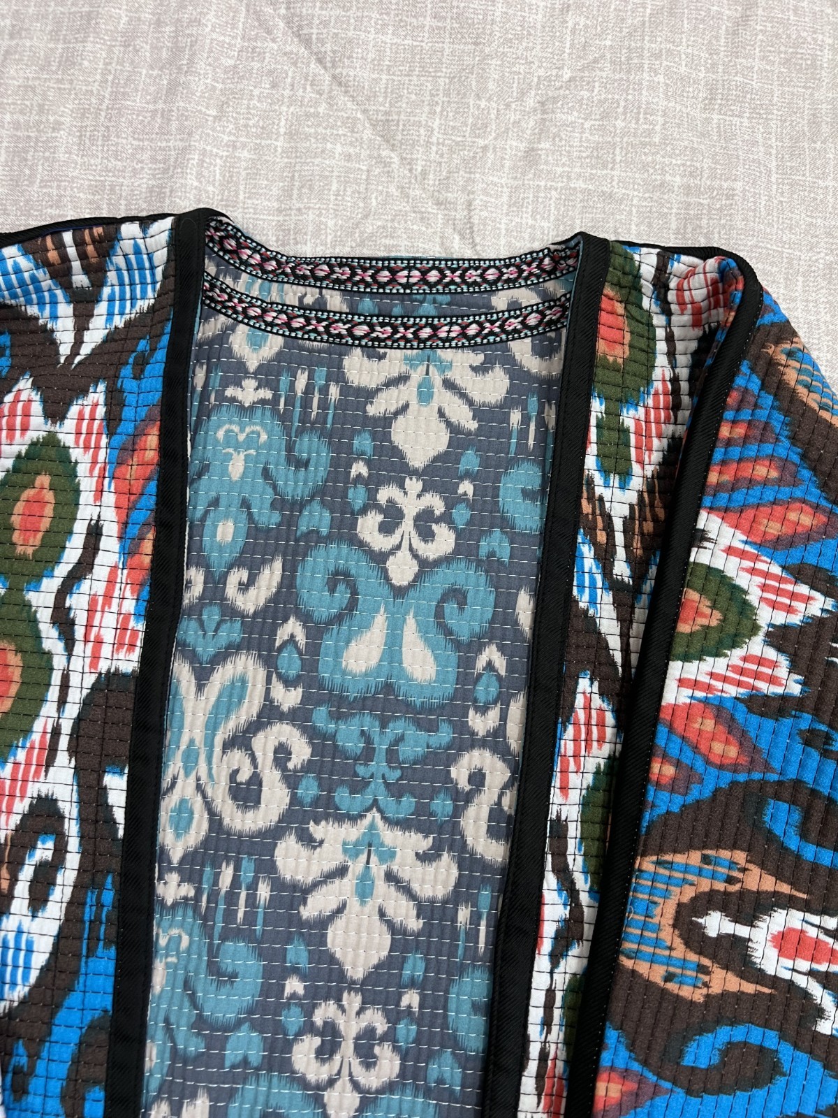 Handmade Reversible Women’s Boho Open Front Cardigan Blue Tribal Print Pockets