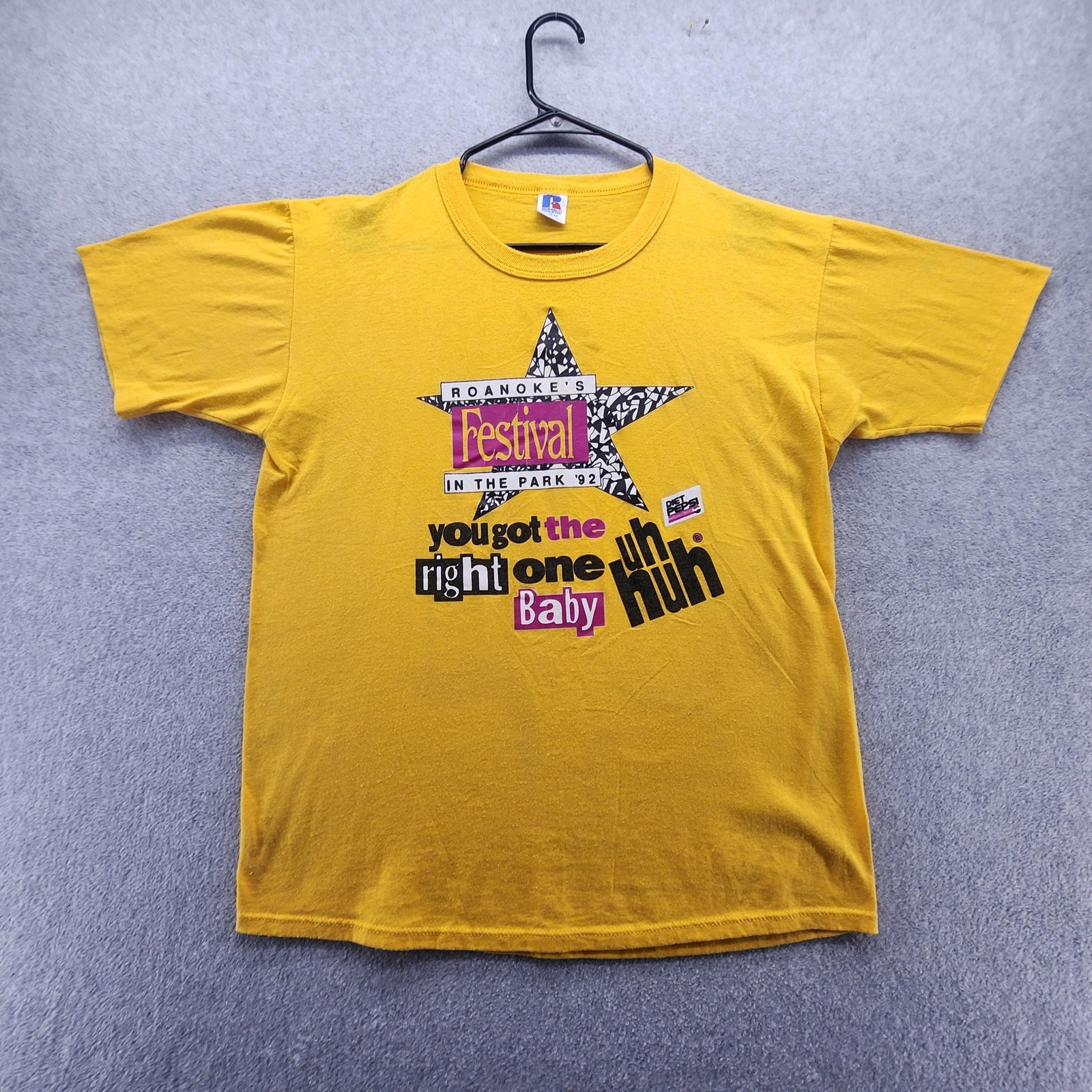 Vintage Russell Athletic Shirt Mens L Yellow Roanoke Festival 92 Diet Pepsi 90s