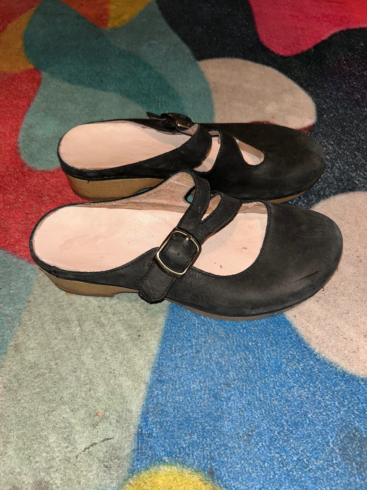 Black Leather Mary Jane Style Women’s Mules Buckle Strap