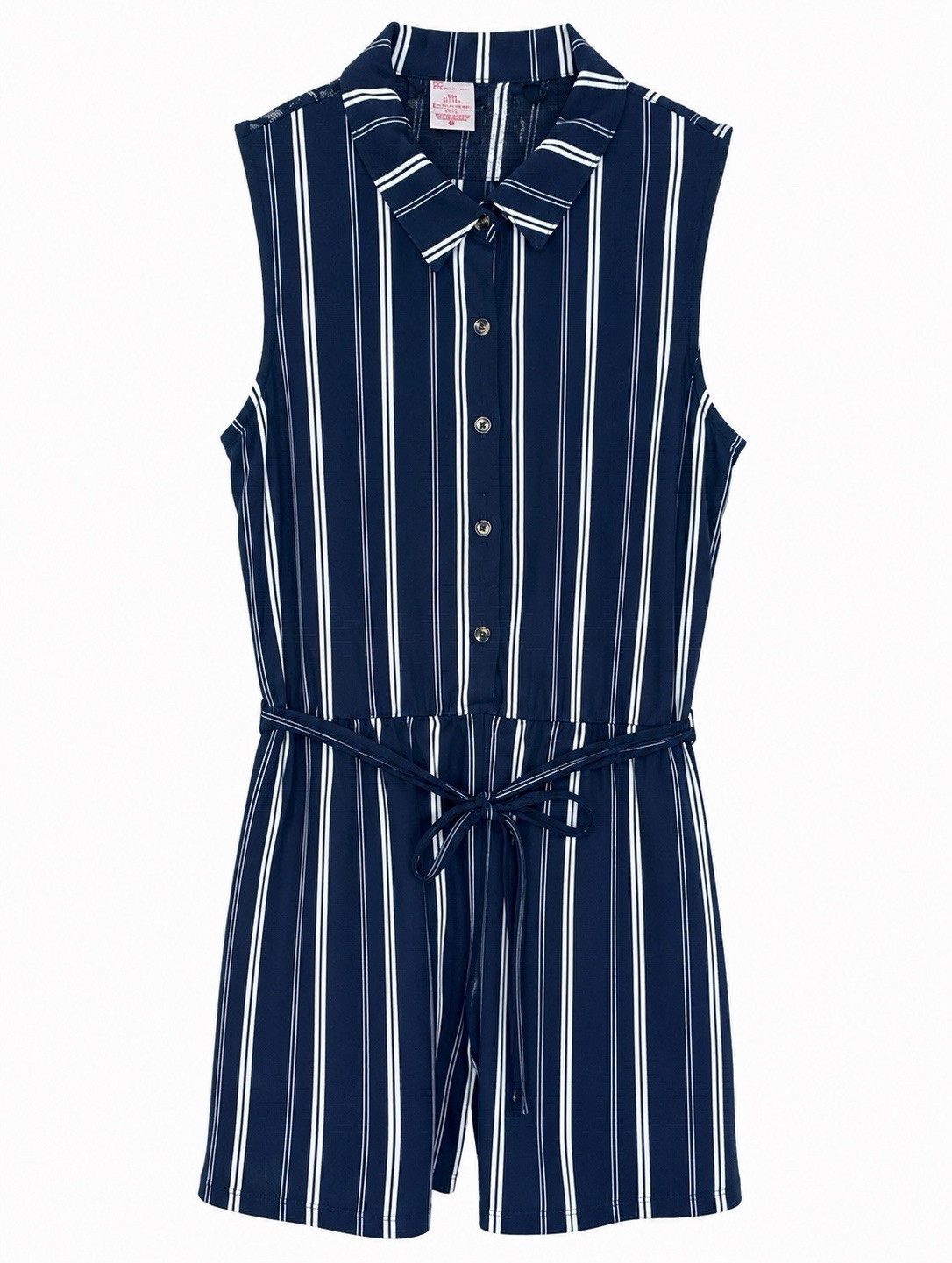 No Boundaries Juniors L/G (11-13) Navy/White Striped Sleeveless Belted Romper