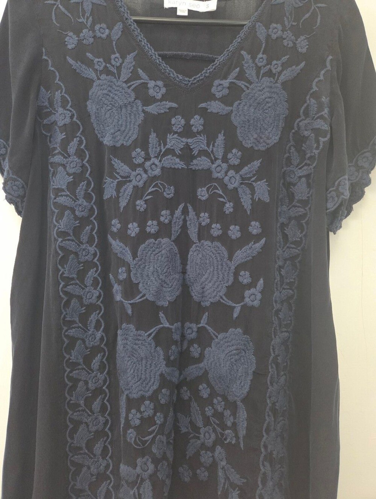 Karyn Seo Anthropologie Viscose Embroidered Top S Deep Blue