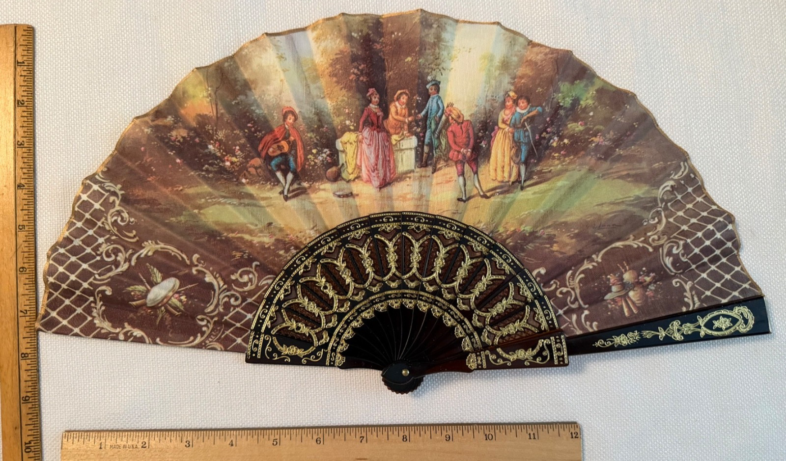 Vtg Giner Hand Fan W Box Features Period Clothing Fabric Plastic Gold Trim Spain