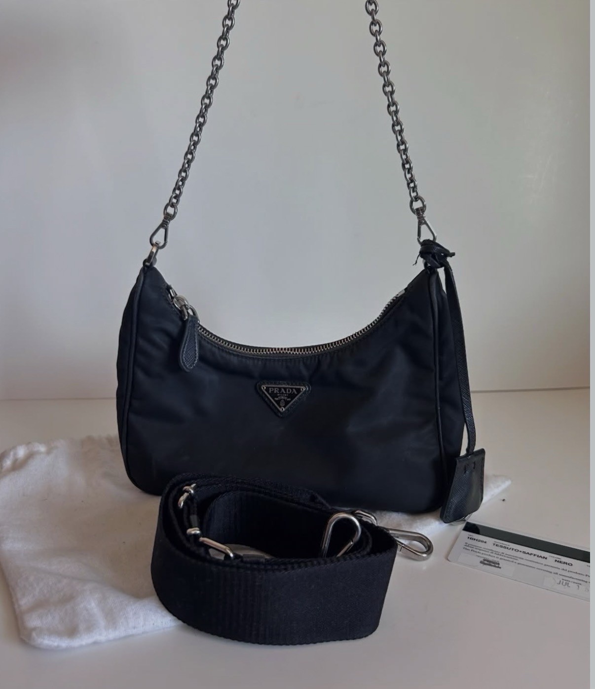 PRADA Black Shoulder Bag Zip Closure w/ Chain & Detachable Strap Dust Bag