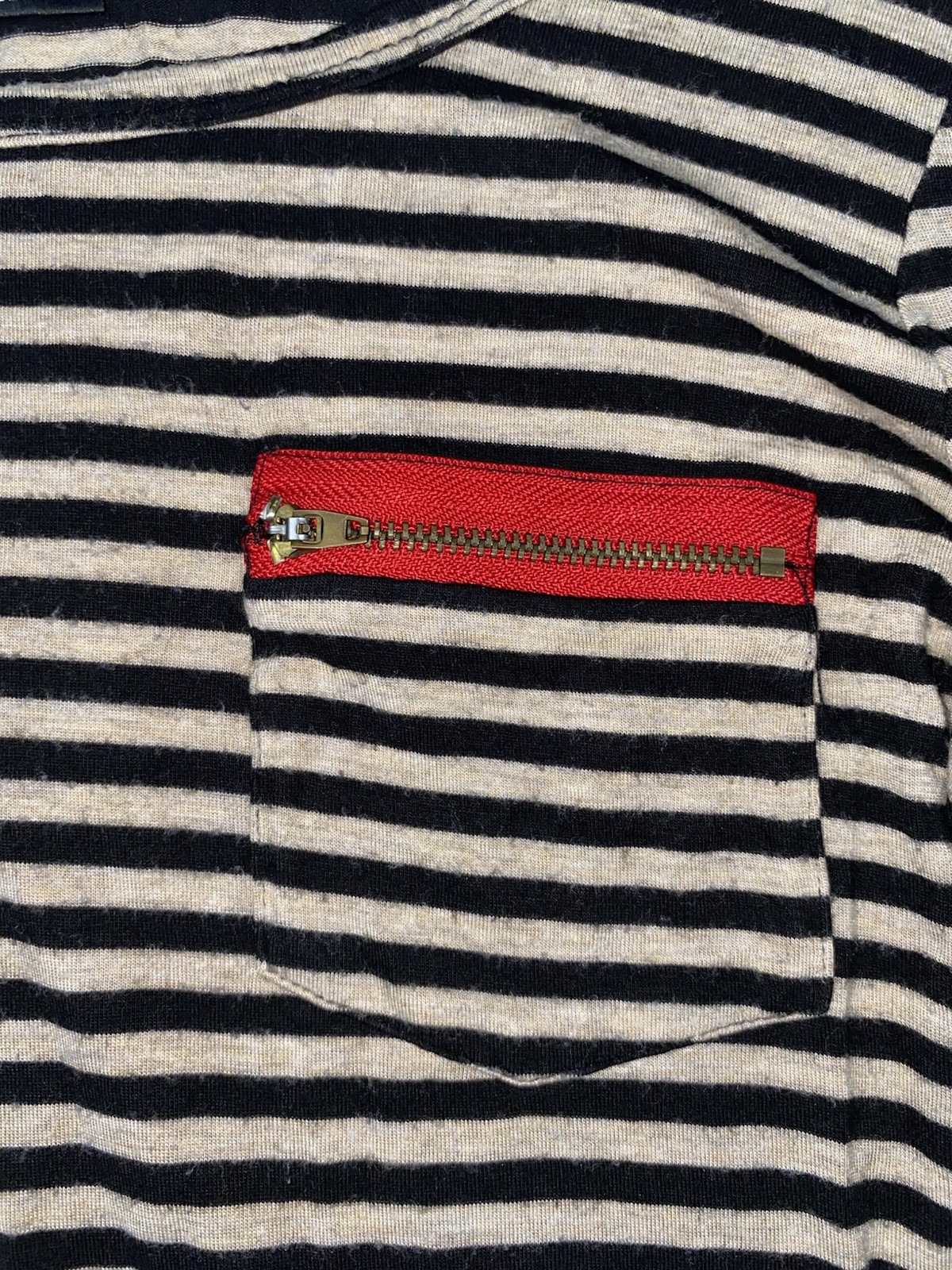 OBOE Women’s M Black Beige Striped Scoop Neck Distressed Top Red Zip Pocket