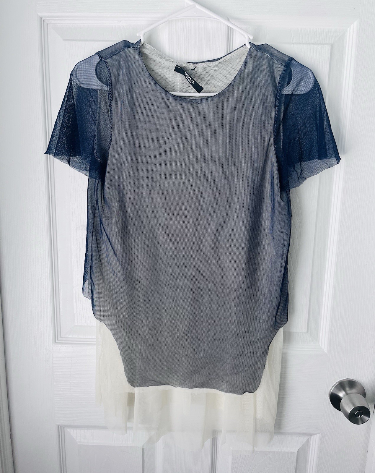 Siste’s Made in Italy Navy Blue Mesh Layered Blouse
