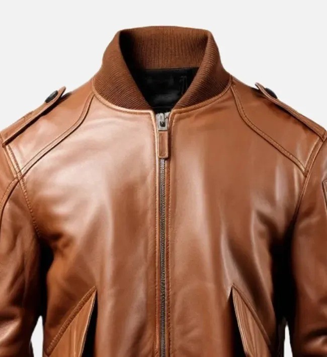 Men’s Brown Leather Bomber Jacket Ribbed Collar Cuffs Vintage Motorcycle Coat