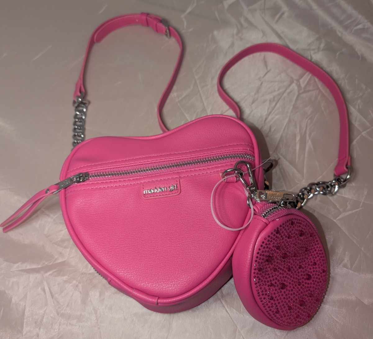 Madden Girl Pink Heart Crossbody Purse w/ Rhinestone Coin Pouch EUC