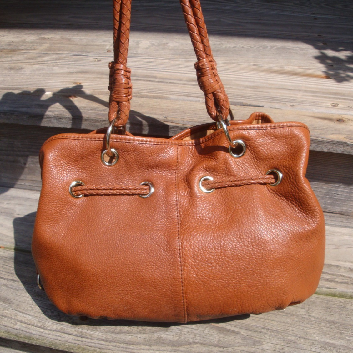 ELLIOTT LUCCA Brown Leather Tote Satchel Handbag Shoulder Hobo Large Drawstring