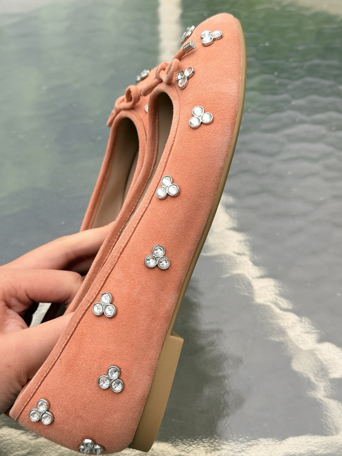 Stuart Weitzman Womens Ballet Flats US 6 Pink Suede Round Toe Bow Rhinestone