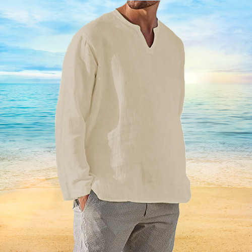 Men’s Shirt Long Sleeve Cotton Linen T-shirt V-Neck Solid Breathable Casual NEW