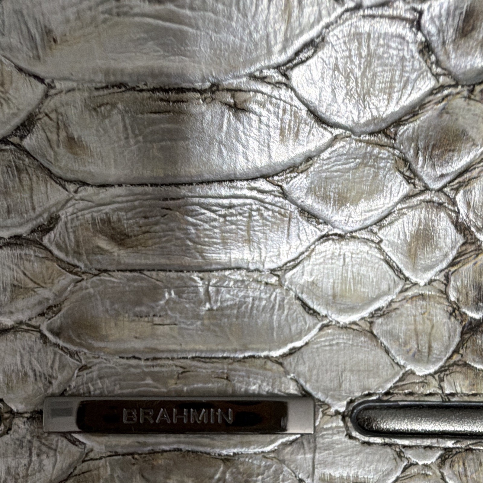 Brahmin Snake-Embossed Satchel Top Handle Zip Gray Green Silver Lined Pockets