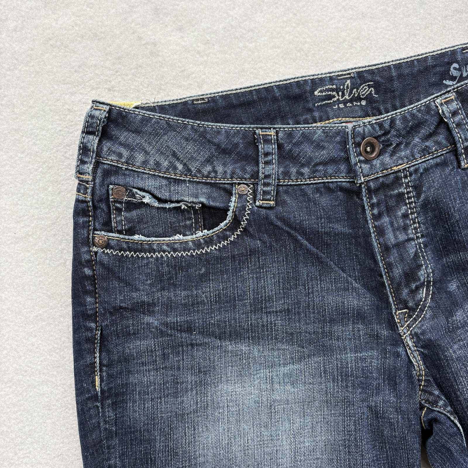 Silver Jeans Suki Flap Bootcut Jeans Womens 34×34 Blue Medium Wash Distressed