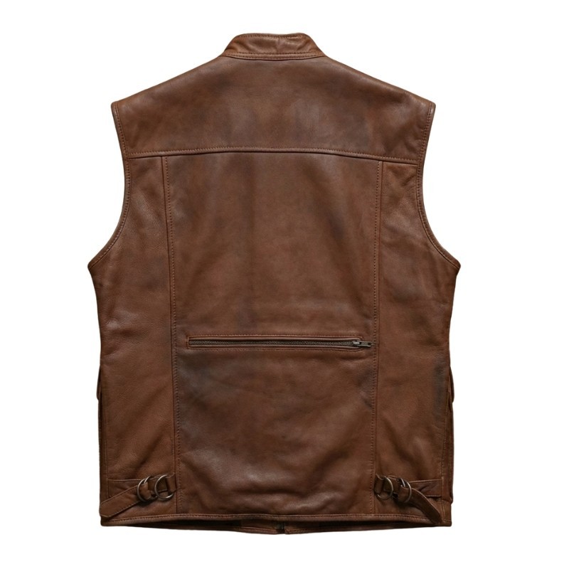Mens Brown Leather Utility Vest Multi Pocket Snap Front Casual Outdoor Gilet