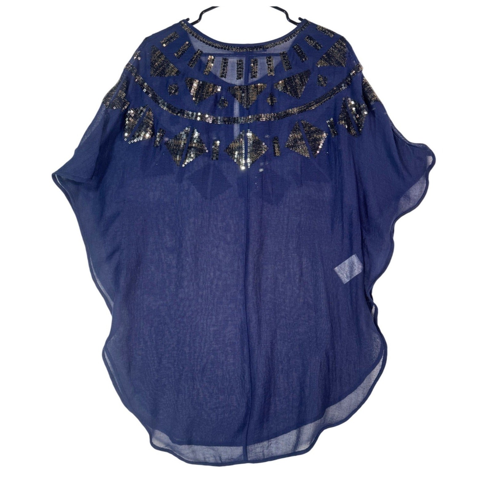 BCBGMAXAZRIA Navy Sequin Embellished Chiffon Poncho Kaftan Top OS Swim Coverup