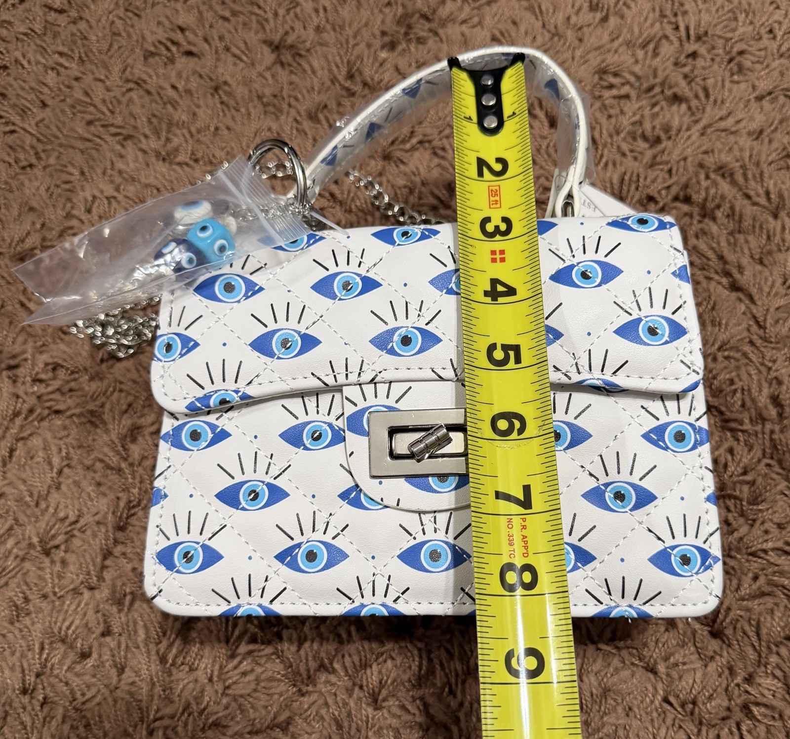 New White 100% Vegan Leather Evil Eye Crossbody Bag Detachable Chain Straps