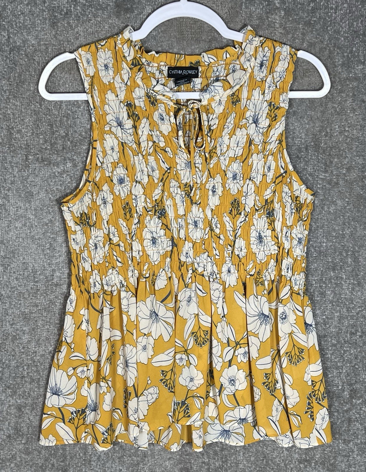 Cynthia Rowley Smocked Top Womens Size L Yellow Floral Semi Sheer Peplum Hem