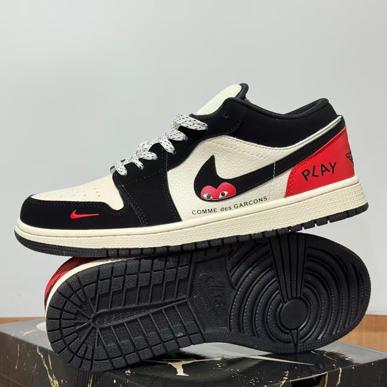 Nike Custom CDG Play Air Jordan 1 Low Black White Red Heart Men Women Sneakers