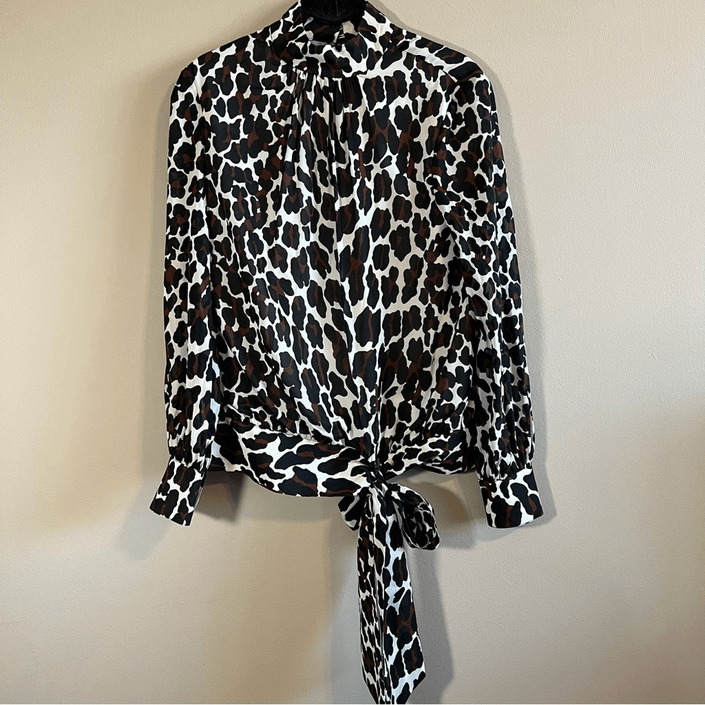Trina Turk Women’s Cheetah High Neck Long Sleeve Silk Top XS