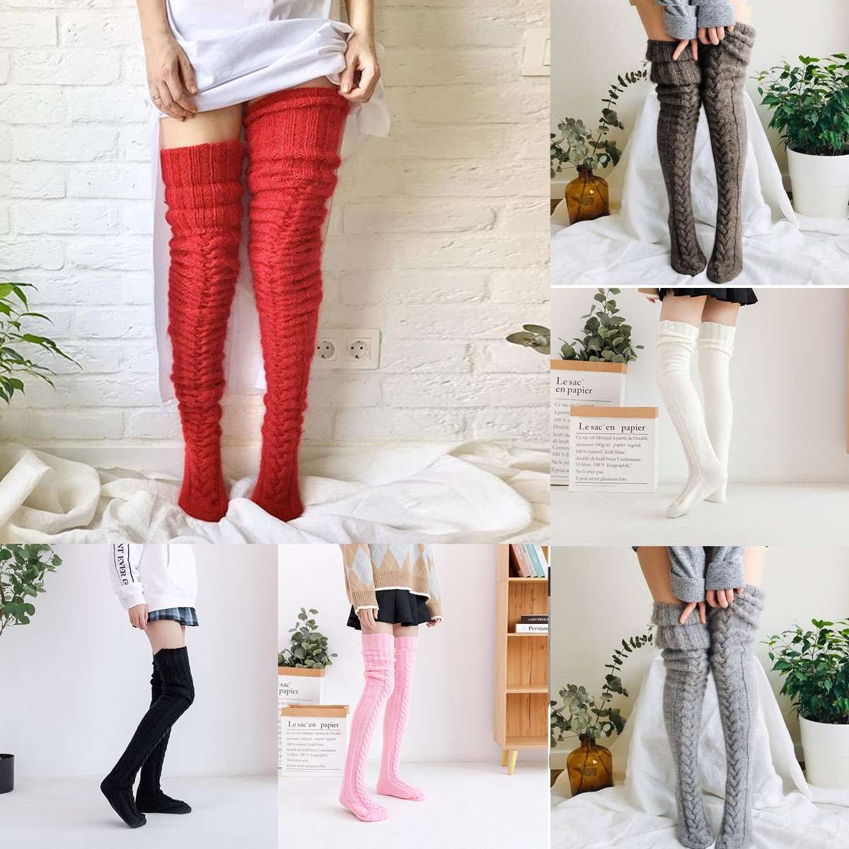 Long Socks Warm Over Knee High Wool Knitted Thick Stockings Thigh Winter Women