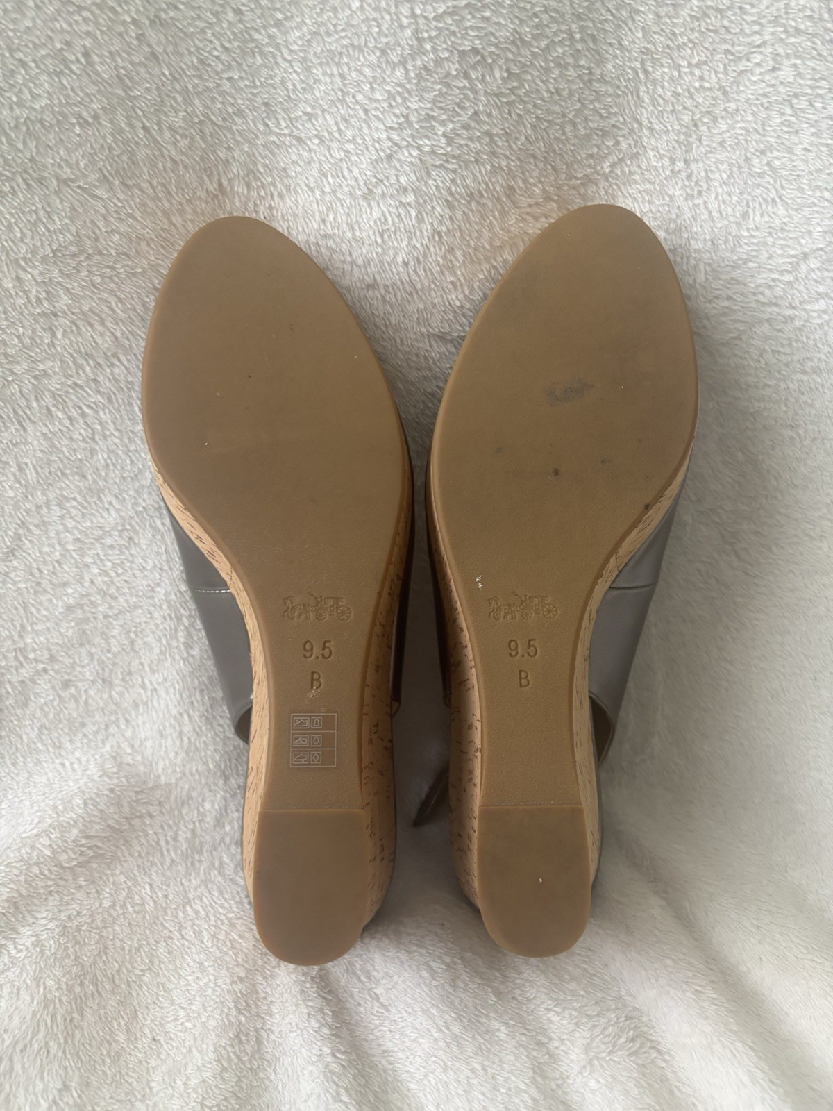 Coach Women Ferry Black/Silver Leather Cork Wedge Sandals Peep Toe Size 9.5