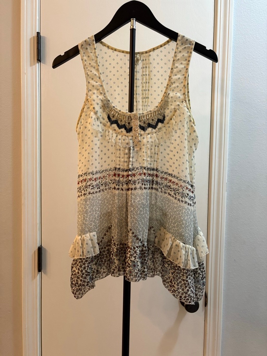 Willow & Clay Boho Mixed Floral Print Beaded Silk Ruffle Tank Top Sz S