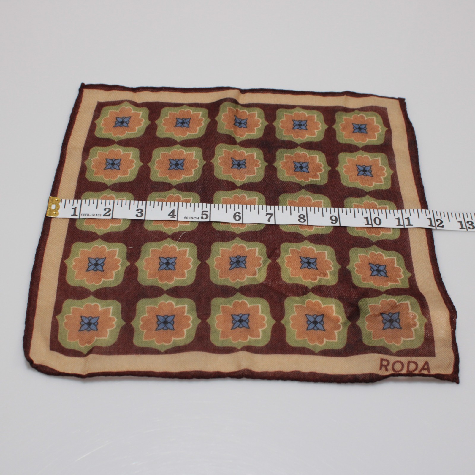 Roda NWT 100% Wool Pocket Square Brown / Green / Orange / Blue Geometric Print