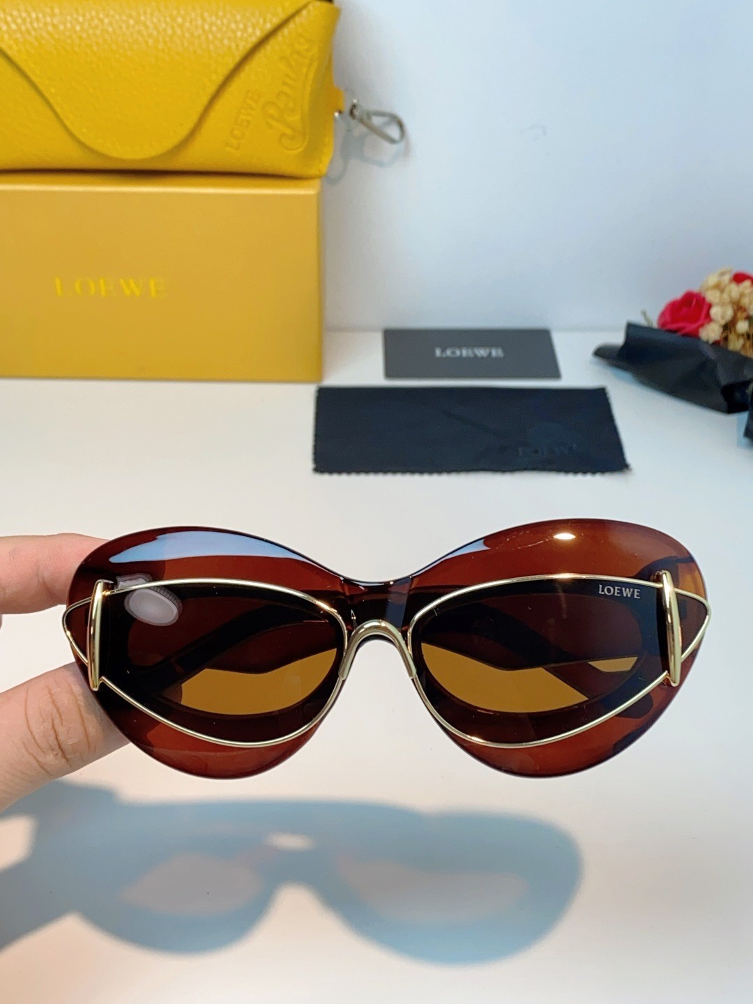 Loewe Oval Cat Eye Sunglasses Brown Frame Gold Metal Trim Brown Lens