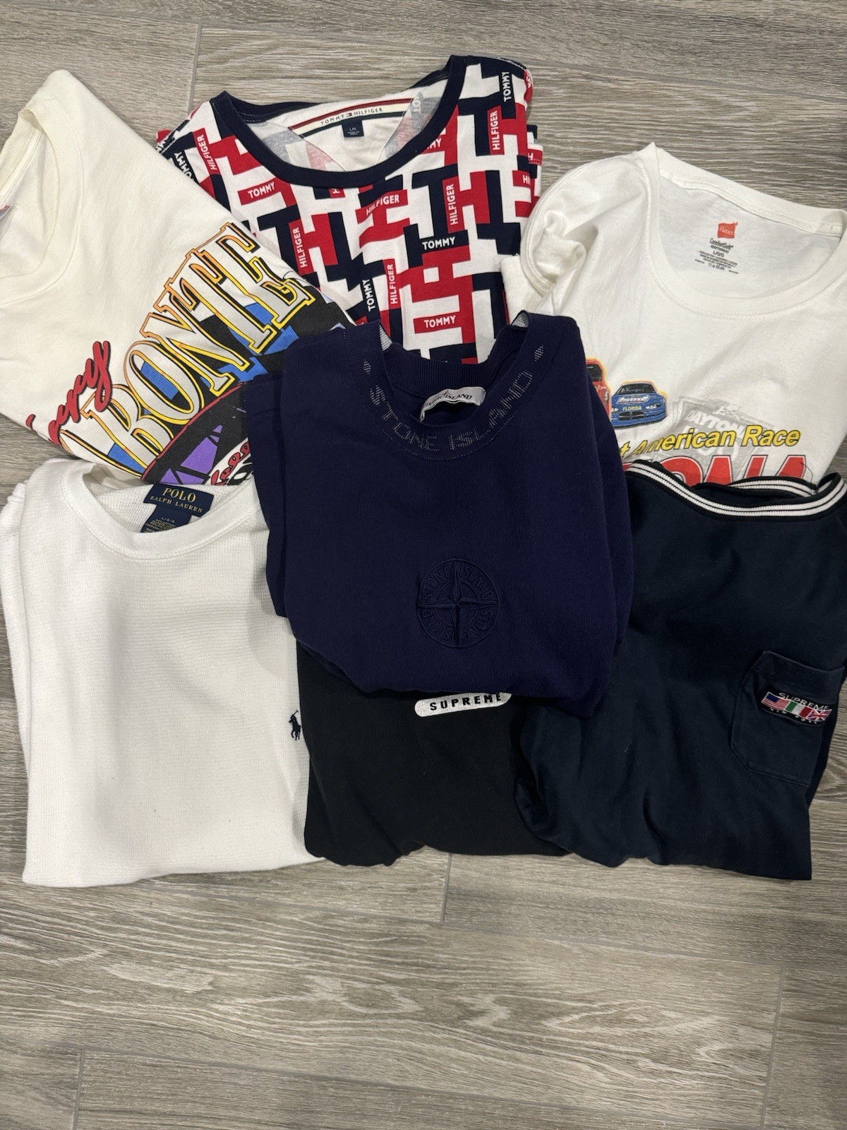 Stone Island, Supreme, NASCAR, and Tommy Hilfiger T shirt lot