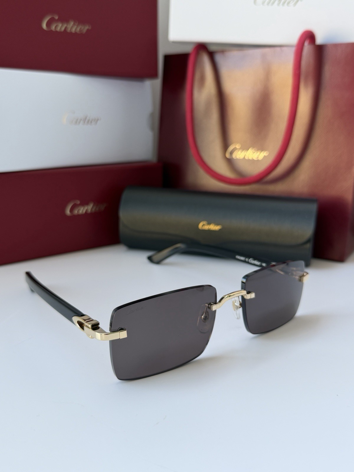 CARTIER CT0579S 005 Gold Black Dark Grey Lens Rectangular Sunglasses AUTHENTIC