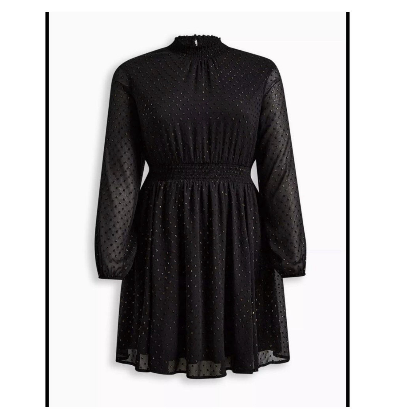 Torrid Plus Sz 2 Black Chiffon Metallic Polka Dot Smocked Fit & Flare Dress