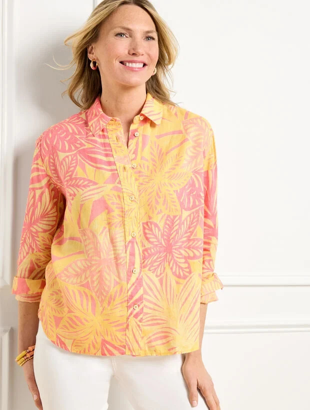 NWT $109 TALBOTS PINK/YELLOW LINEN WATERCOLOR BOTANICAL SHORT SHIRT BLOUSE 1X