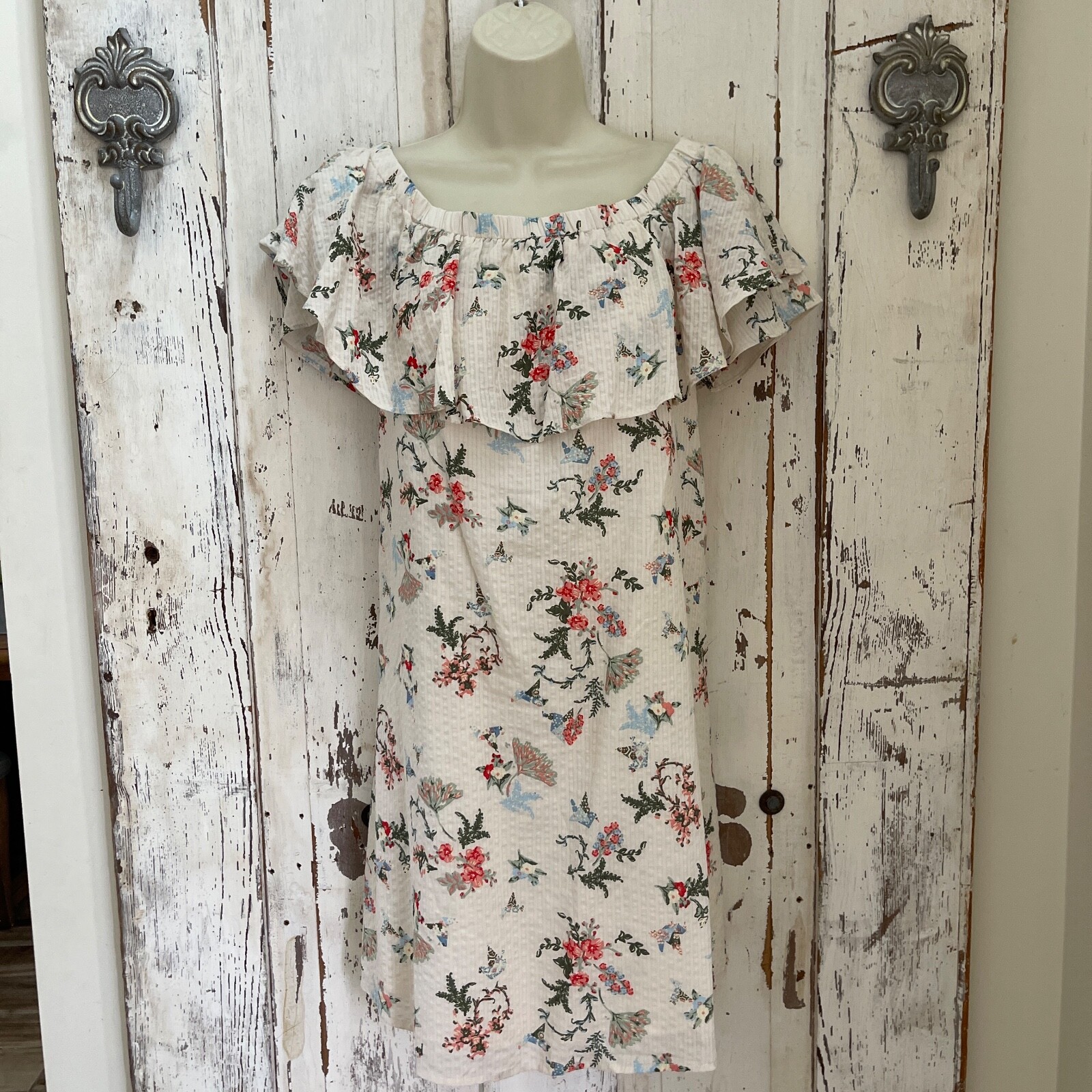 The Impeccable Pig S Small Ivory Green Pink Blue Ruffle Shift Off Shoulder Dress